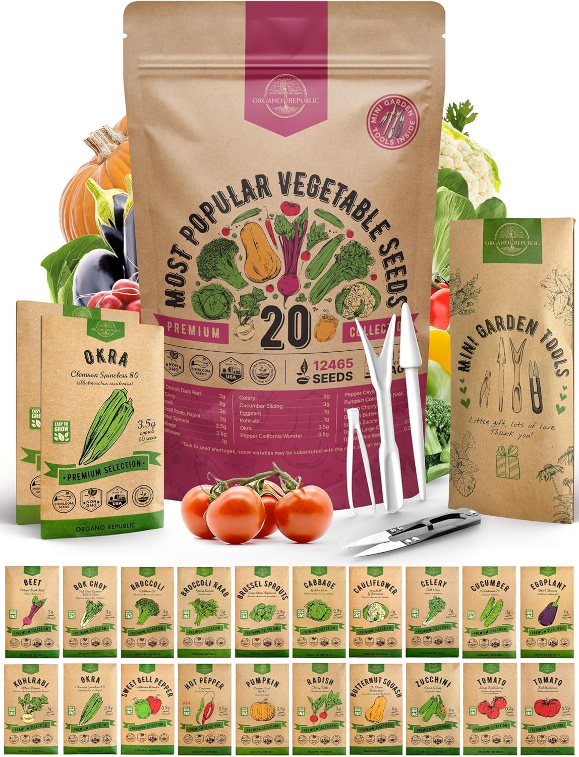 20 Vegetable Seeds Variety Pack - 12,465+ Non-GMO Heirloom Seeds for Planting Vegetables and Fruits