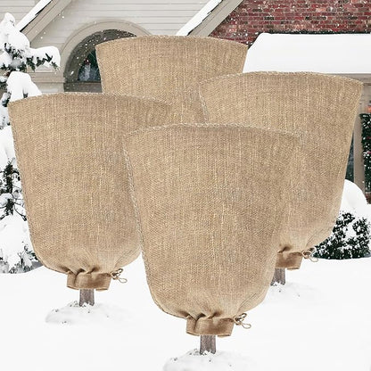 Riare 4 Packs 32 × 40 Inch Burlap Winter Plant Cover Bags with Drawstring- Reusable Large Burlap