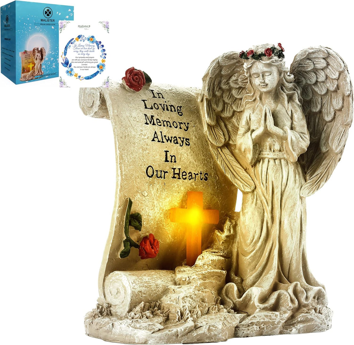 Malister Memorial Gifts - Garden Angel Statue Sympathy Gift with Solar Led Light, Bereavement