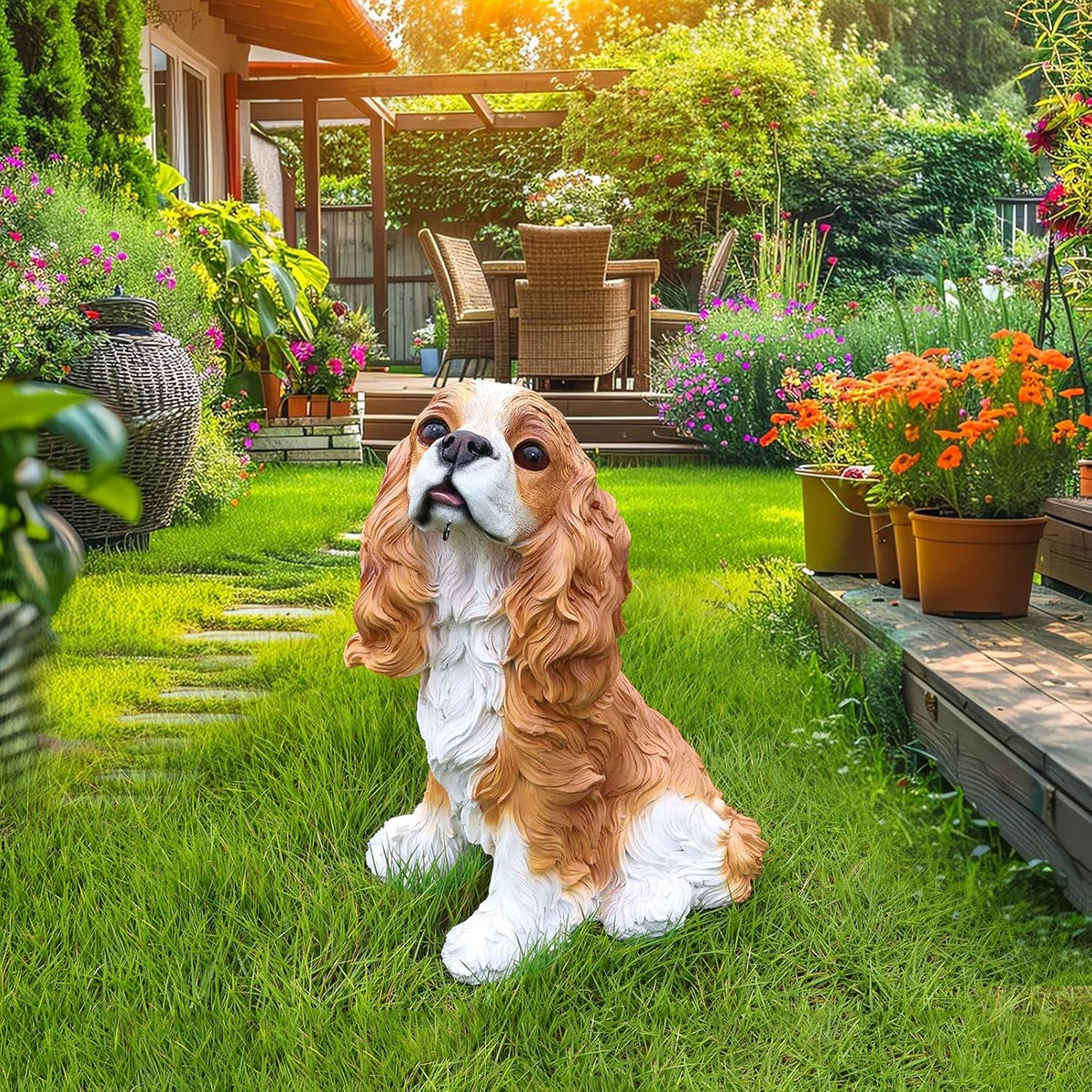 Cavalier King Charles Spaniel Outdoor Dog Statue with Reversible “Welcome/ON Patrol” Hanging Plaque