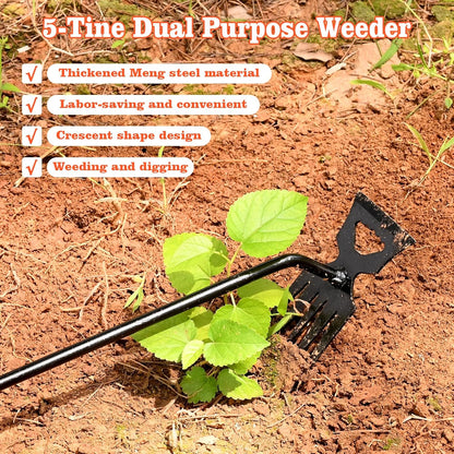 Weed Puller Tool Garden Weed Pulling Tool, 4-Tine Manganese Steel Weeder Tool - Black Coated Forged