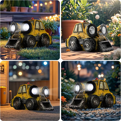 Garden Statue Outdoor Solar Light Decor with LED Light Rustic Vintage Bulldozer Construction