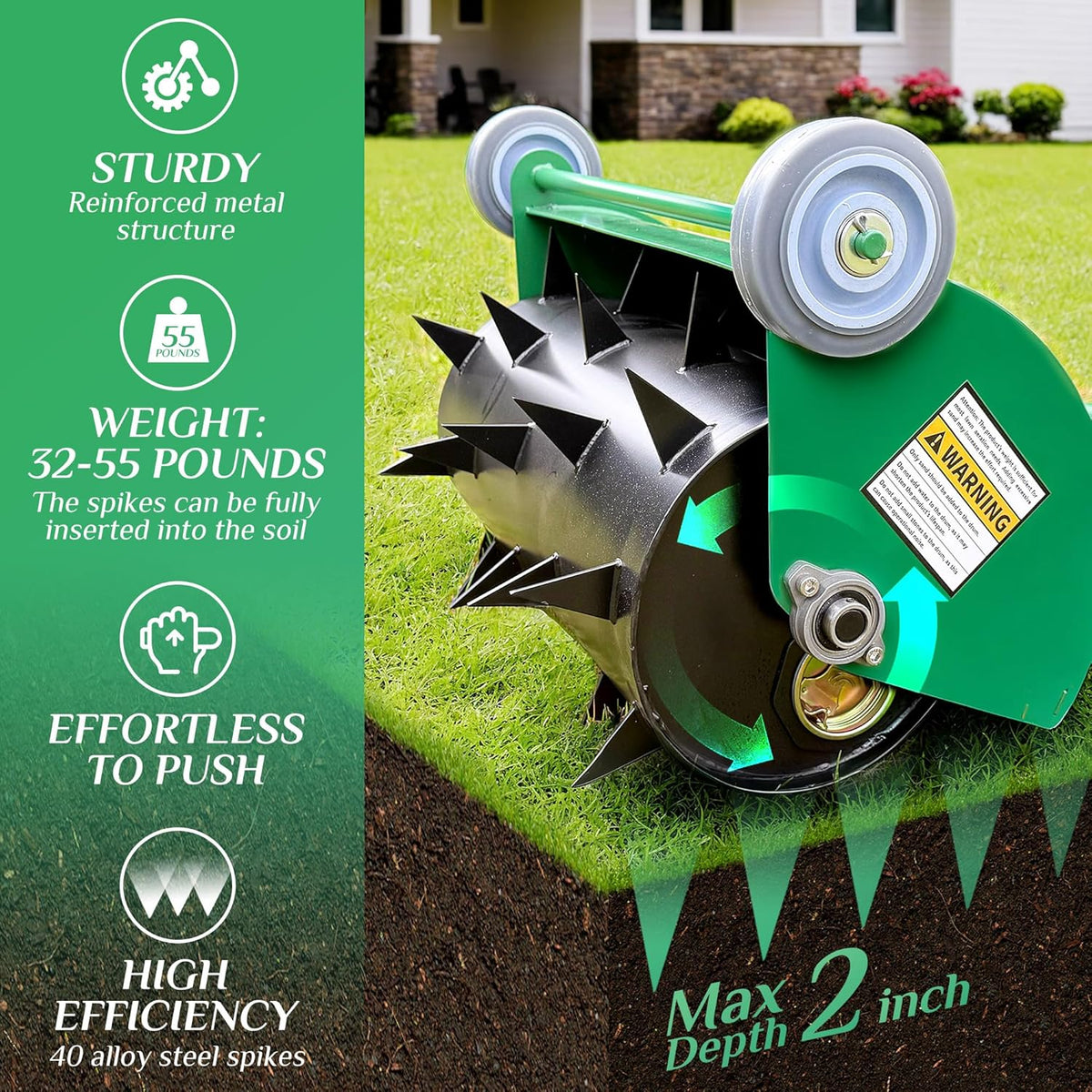 Rolling Lawn Aerator, Heavy Duty Push Spike Aeration Tool Up to 55 lbs, Manual Rotary Grass Aerator