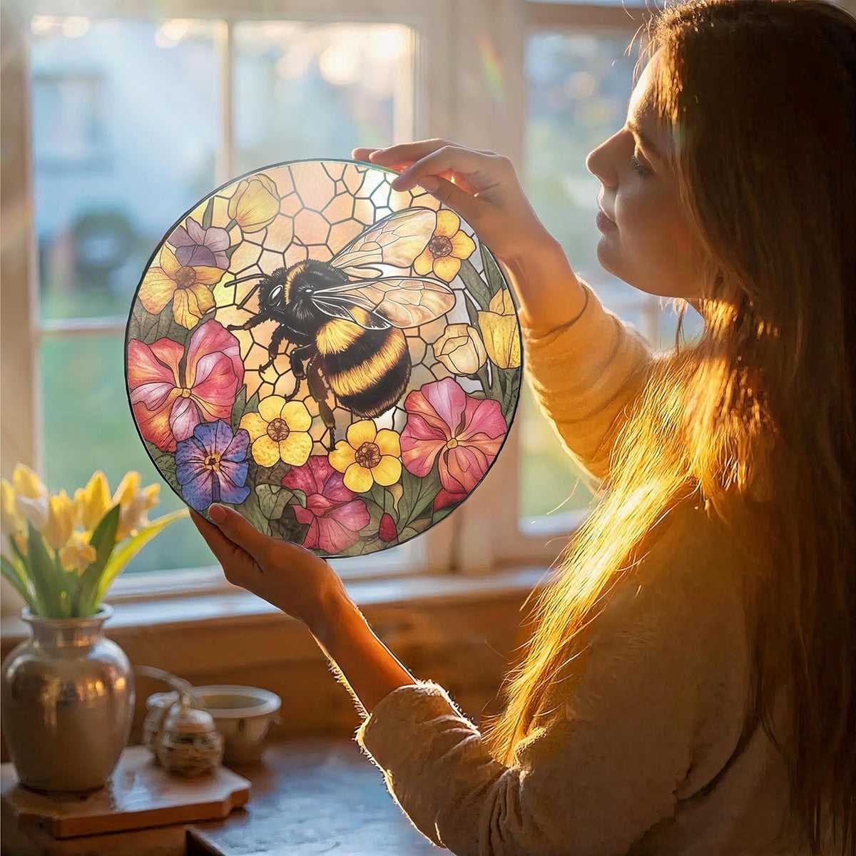 Bee Stained Glass Suncatcher - Handcrafted 7.87 inch suncatcher with Vibrant Wildflower Stained