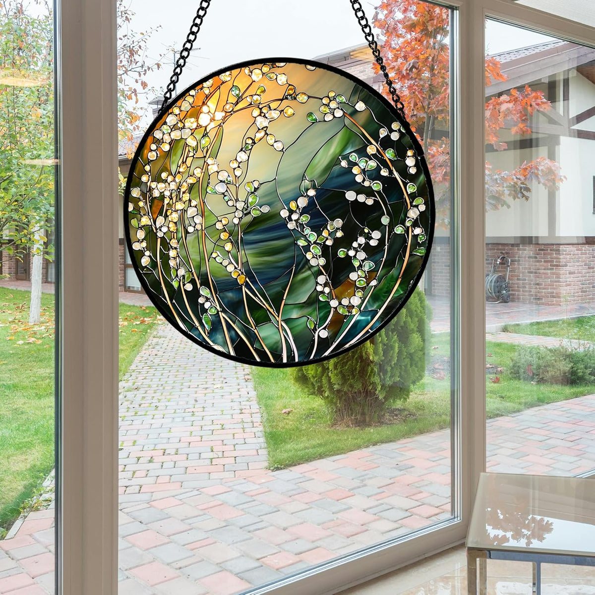 Stained Glass Suncatcher, Yellow Green Gradient Flower Sun Catcher Plants Stain Glass Window