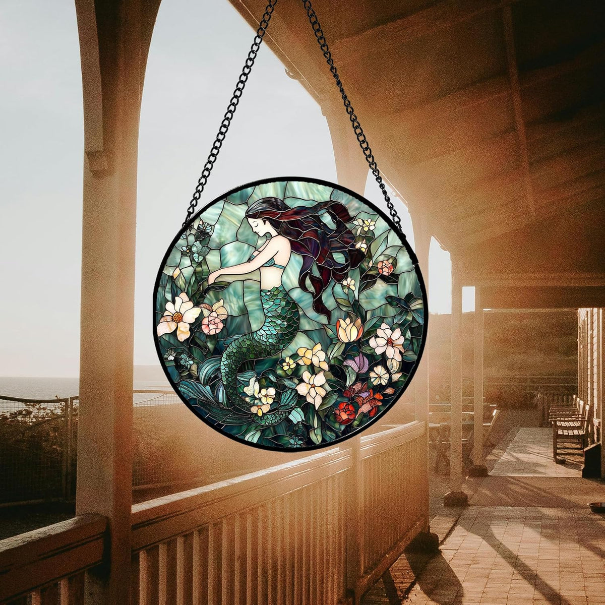 Stained Glass Window Hanging - Teal Sleeping Mermaid Suncatcher for Door Terrace Garden Home Decor