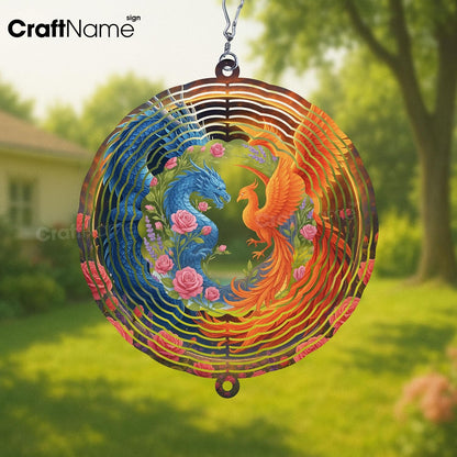 Personalized Dragon & Phoenix Wind Spinner 3D Stainless Steel, Dragon Garden Spinner Hanging