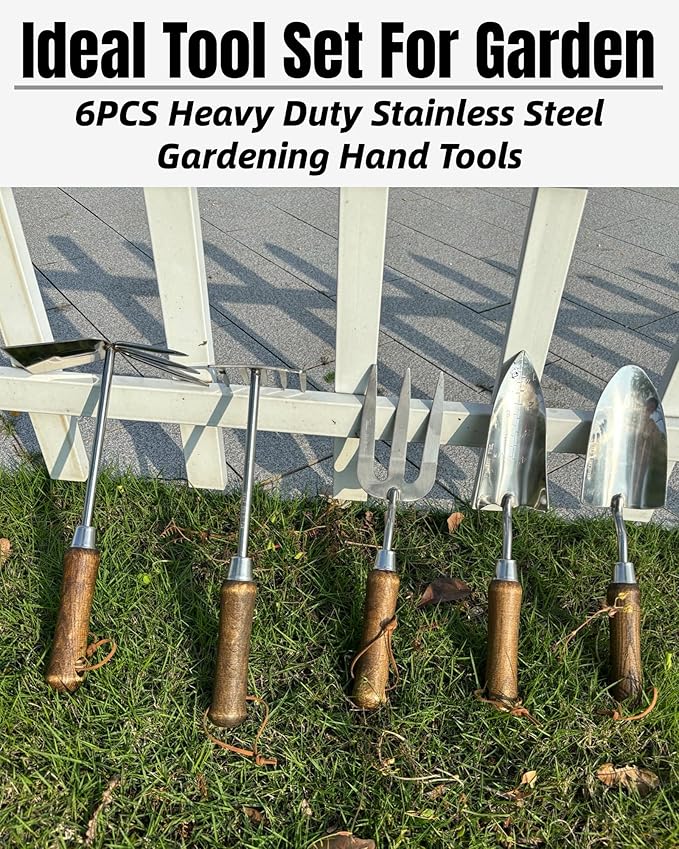 Garden Tool Set, 6PCS Heavy Duty Stainless Steel Gardening Hand Tools with Ropes, Includes Trowel