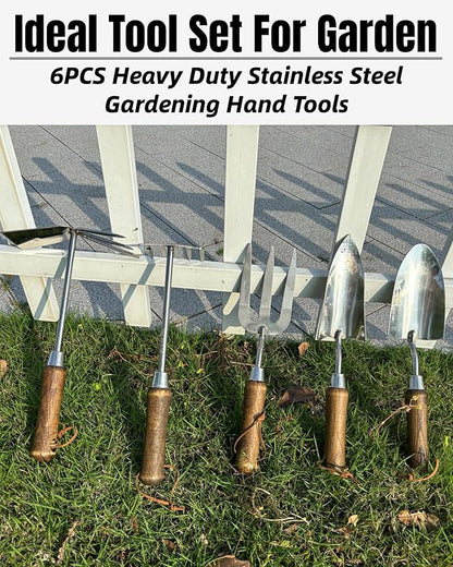 Garden Tool Set, 6PCS Heavy Duty Stainless Steel Gardening Hand Tools with Ropes, Includes Trowel