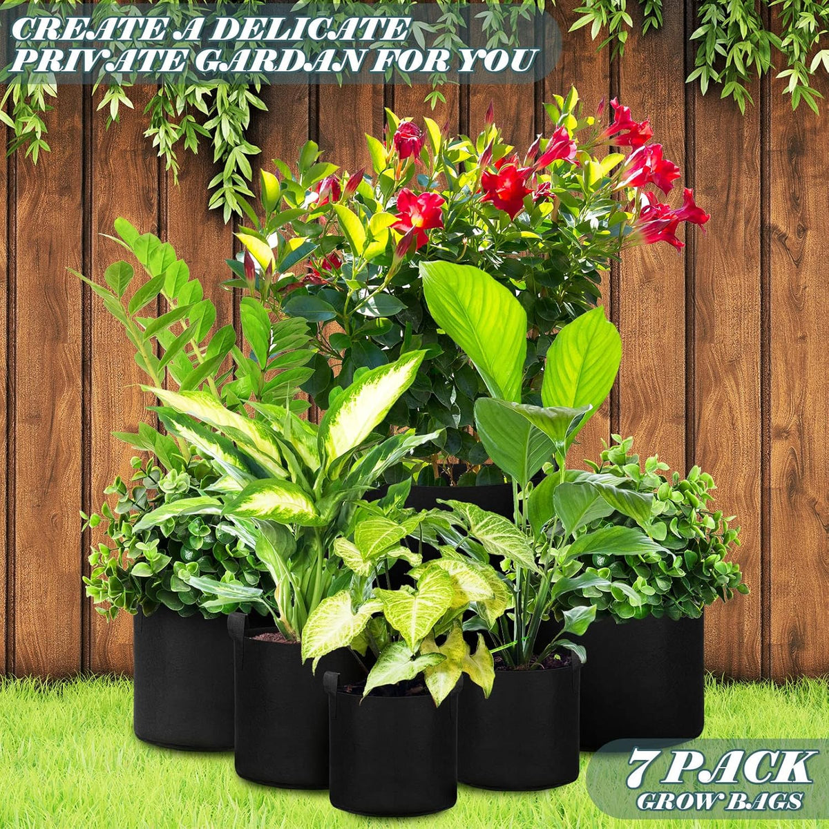 Hoolerry 7 Pack Black Plant Grow Bags Thickened Non Woven Grow Bags in 4 Sizes 10, 7, 5 and 3