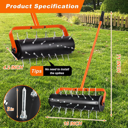 Rolling Lawn Aerator, Heavy Duty Hand Manual Spike Roller with 42 Spikes, Aerator Tool with 71"