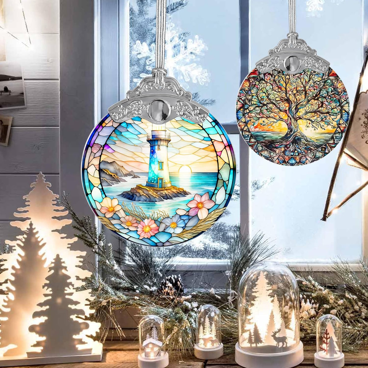 Stained Glass Suncatcher, Jocidea Lighthouse Ornament, Christmas Ornaments, Holidays Ornaments