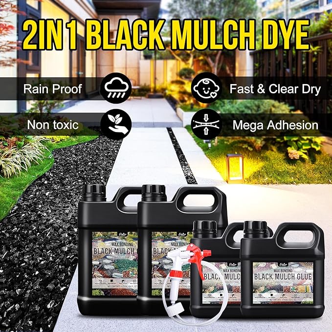 Mulch Glue - 1 Gallon / 128oz Black Color Mulch Dye & Landscape Adhesive with Applicator for