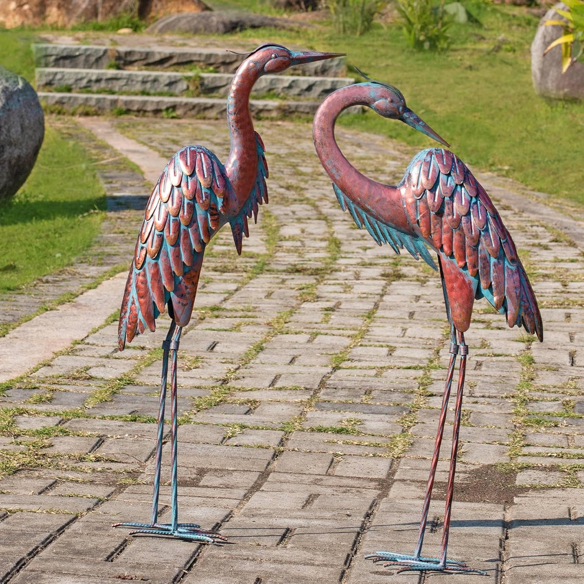 Kircust Metal Crane Statues - Set of 2 Bronze Heron Sculptures for Garden, Patio, or Yard Decor