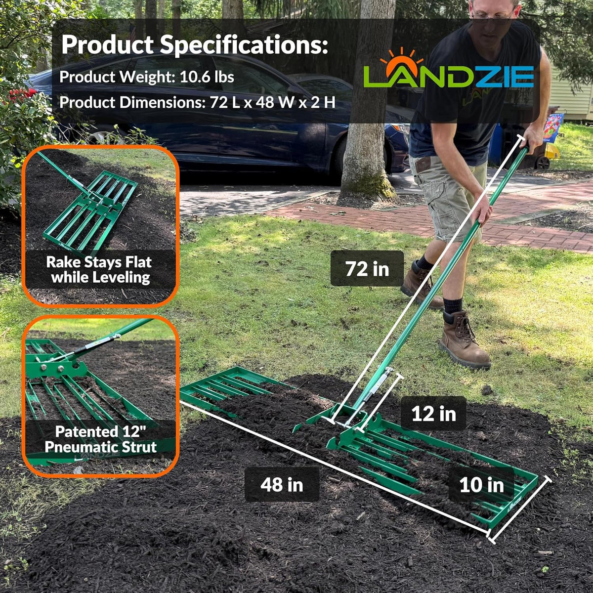 Landzie AeroLeveler - The Lawn Leveling Rake That Never Flips - Patented 48" inch Wide Pneumatic