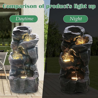 4-Tiers Cascading Rock Outdoor Water Fountain with LED Light, Standing Cascading Water Feature Faux