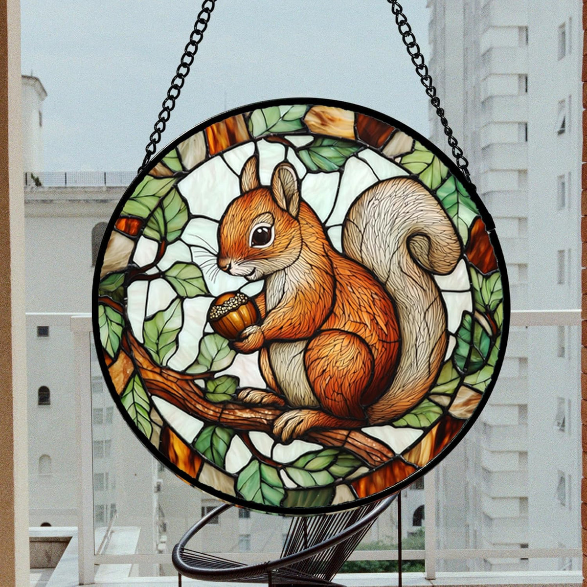 Stained Glass Window Hanging, Squirrel on a Branch Suncatcher Diamond Glass Panel Animal Sun