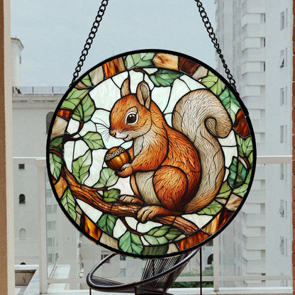 Stained Glass Window Hanging, Squirrel on a Branch Suncatcher Diamond Glass Panel Animal Sun