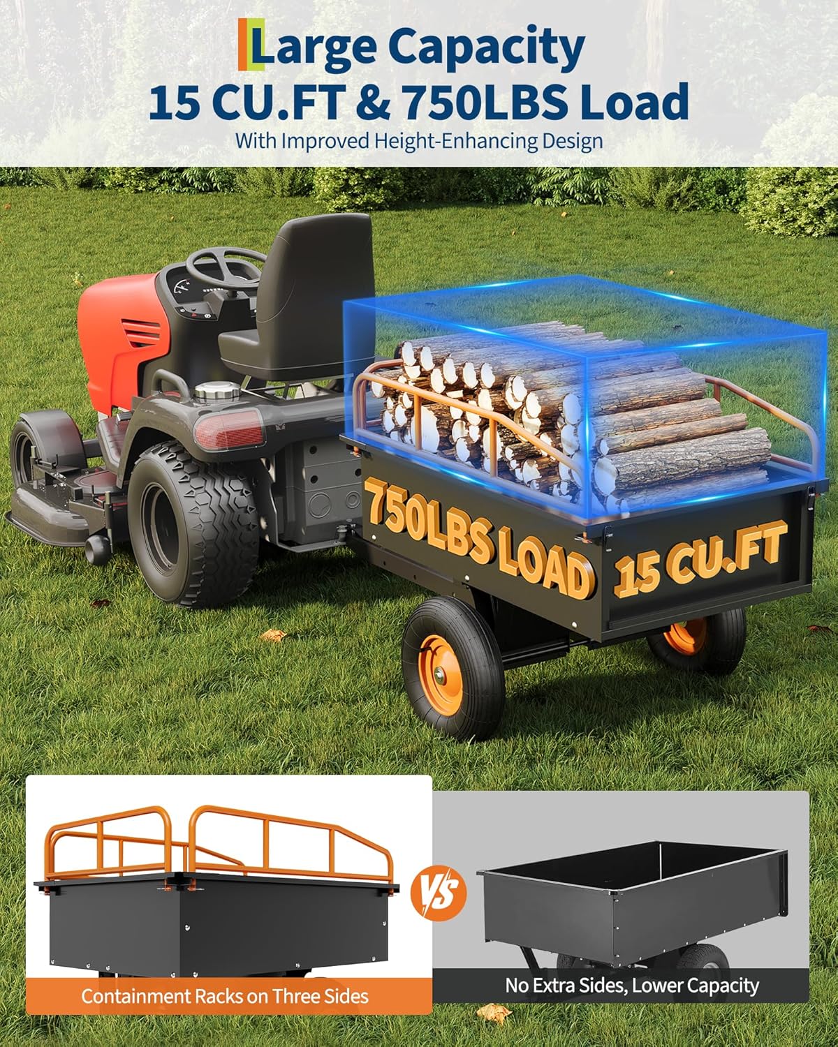 GarveeLife Heavy Duty ATV Trailer Steel Dump Cart, 750 LBS 15 Cubic Feet, Garden Utility with