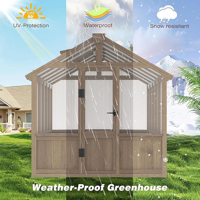BlueWish 6x10FT Greenhouse, Greenhouses for Outside with Cedar Frame, Wood Greenhouse with