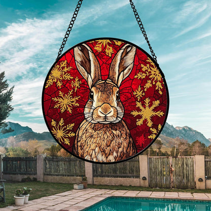 Stained Glass Window Hanging 4 Pcs Set Red Golden Snowflakes 7.8" - Christmas Elk Rabbit Suncatcher