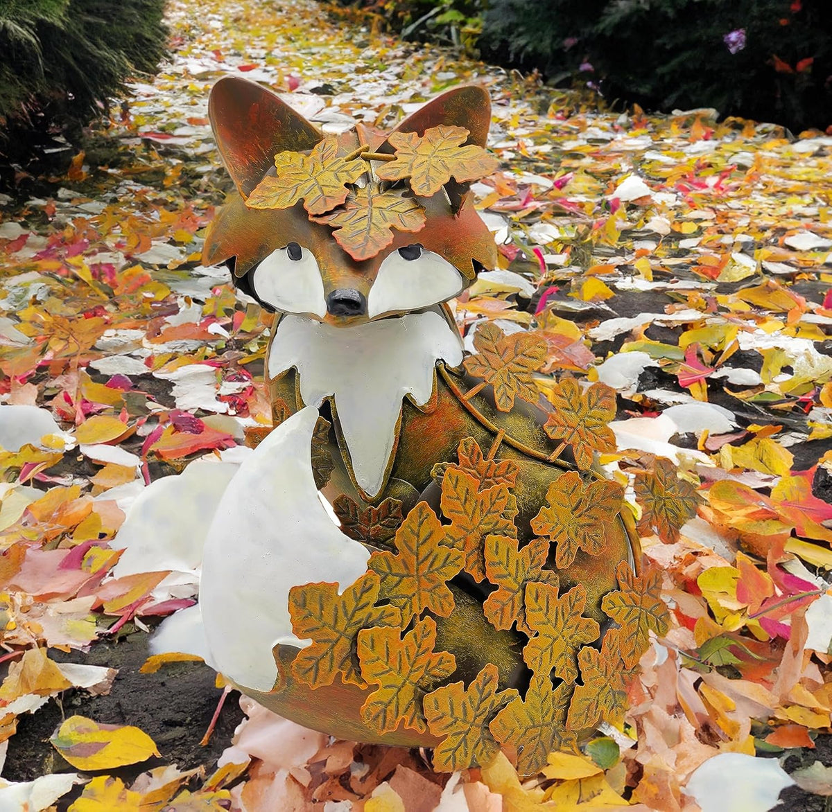 coolboy Garden Metal Fox Outdoor Statues,Interesting Maple Leaf Fox Sculpture for Patio Lawn Home