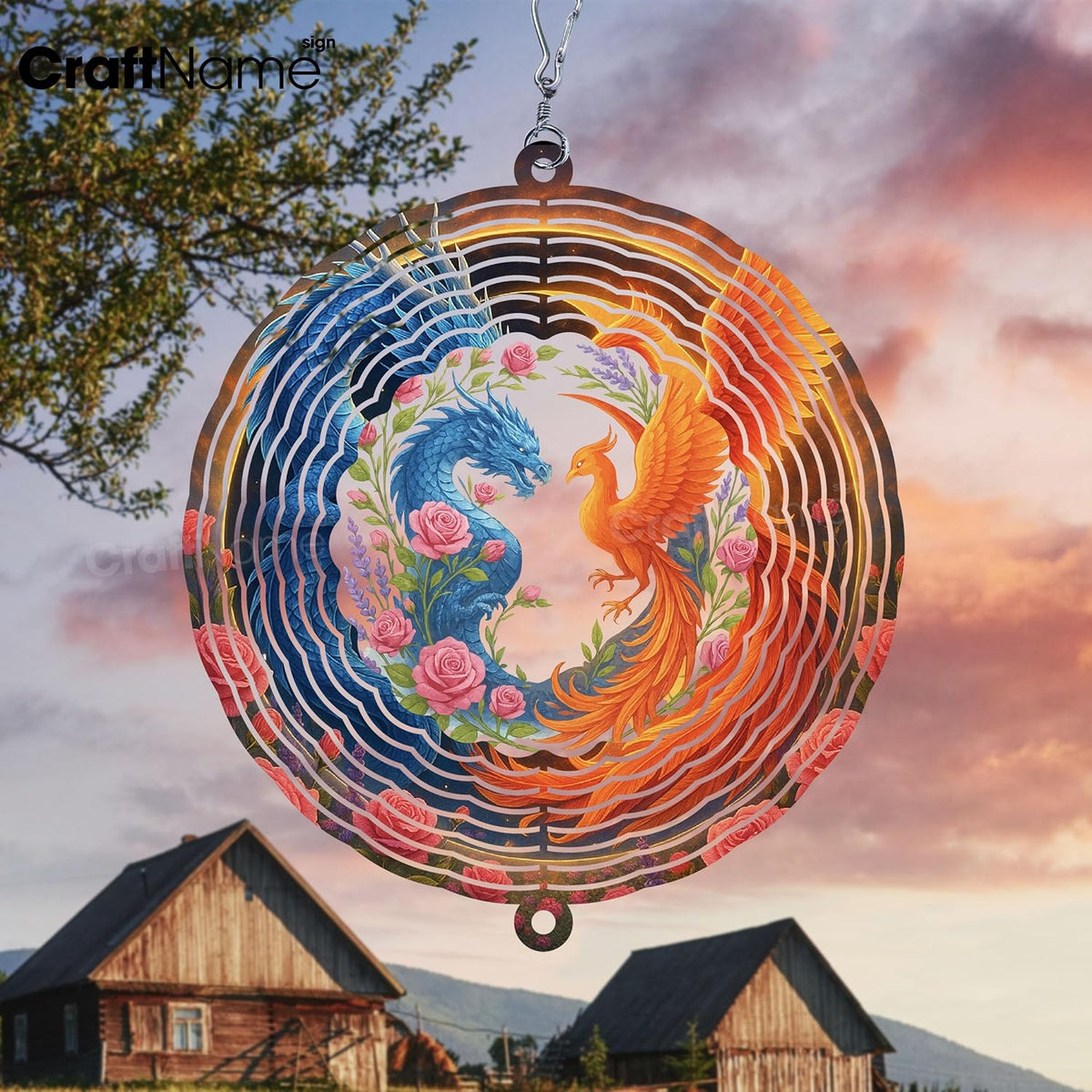 Personalized Dragon & Phoenix Wind Spinner 3D Stainless Steel, Dragon Garden Spinner Hanging