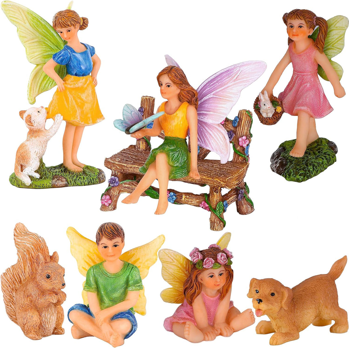 Mood Lab Fairy Garden - Miniature Fairies Figurines with Animals - Statues & Accessories Decor Set