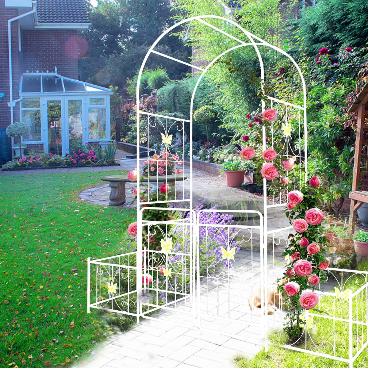 Metal Garden Arbor Arch with Gate and Plant Box, 86.6" H Heavy Duty Garden Trellis with Butterfly