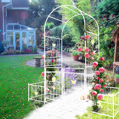 Metal Garden Arbor Arch with Gate and Plant Box, 86.6" H Heavy Duty Garden Trellis with Butterfly