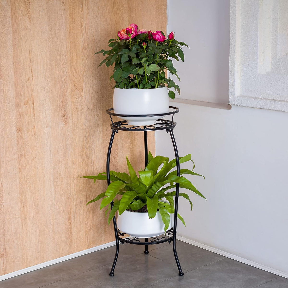 FaithLand Plant Stand, Metal Planter Holder Indoor Outdoor, 2 Tier Round Potted Supports Rack