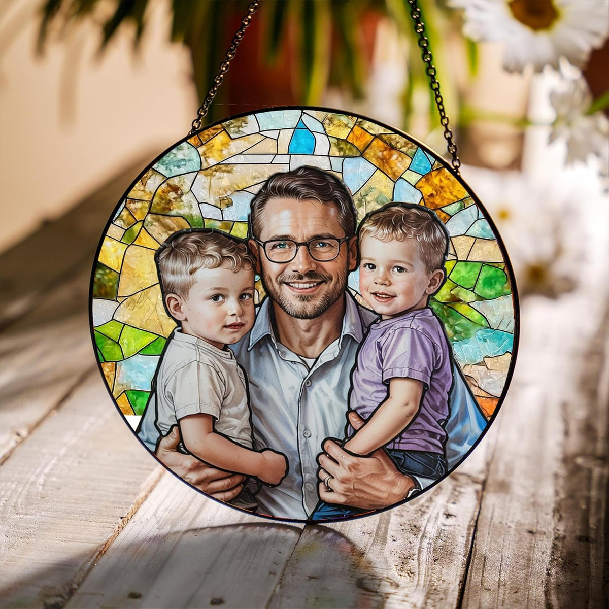 LOVELYPOD Personalized Dad Stained Glass Sun Catcher, Photo Family Portrait Faux Window Hanging