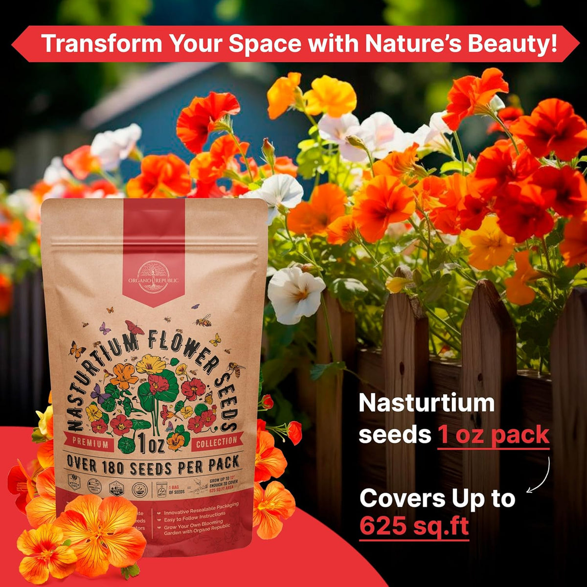 Nasturtium Seeds Pack 1 oz - Non-GMO Heirloom Flower Seeds for Planting, Edible Flowers in