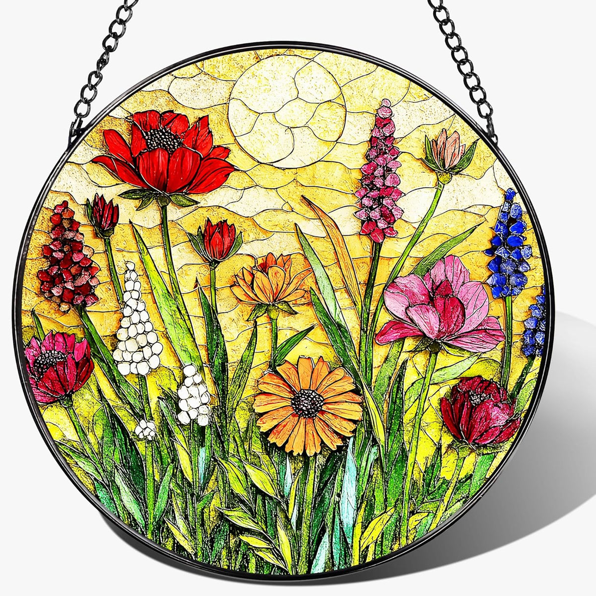 Stained Glass Window Hanging, 8 Inch Wildflower Stained Glass Suncatcher, Colorful Floral Window