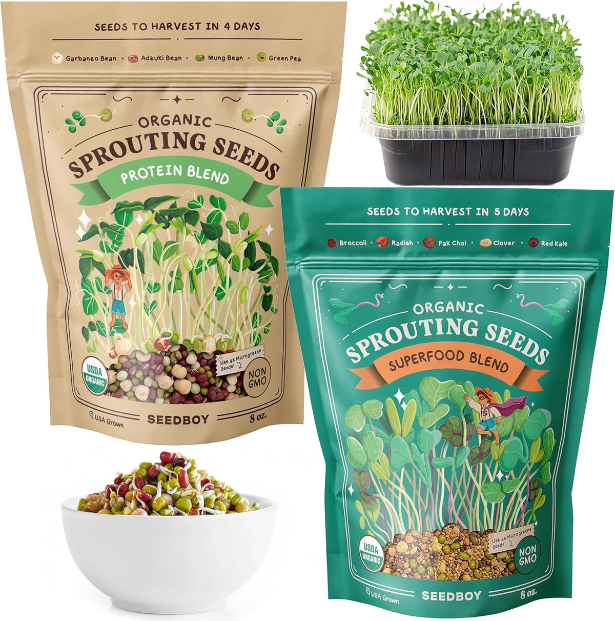 Seedboy Organic Non-GMO Sprouting Seeds, Superfood & Protein Blend – 2 Pack Bundle – USA Grown