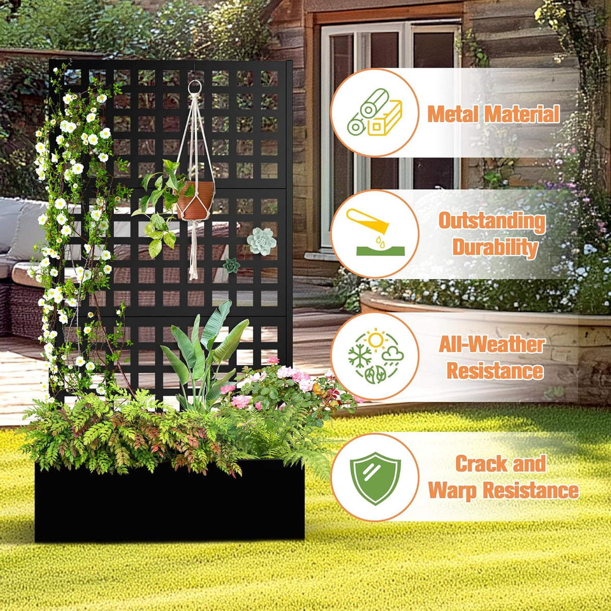 Metal Planter Box with Trellis & Wheels, Raised Garden Bed with Privacy Screen, Outdoor Standing