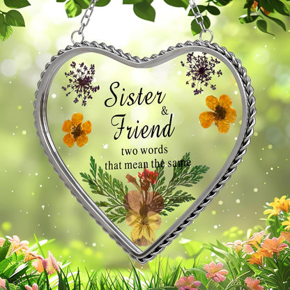 KY&BOSAM Stained Glass Sister Heart Suncatcher Window Hanging Decor with Pressed Real Flower for