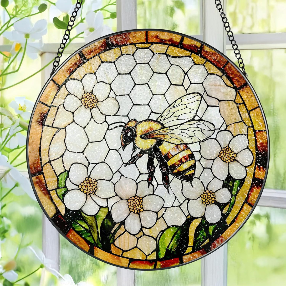 Bee Wildflowers Stained Glass Suncatcher, Stained Glass Window Hanging, 8 Inch Honey Bee