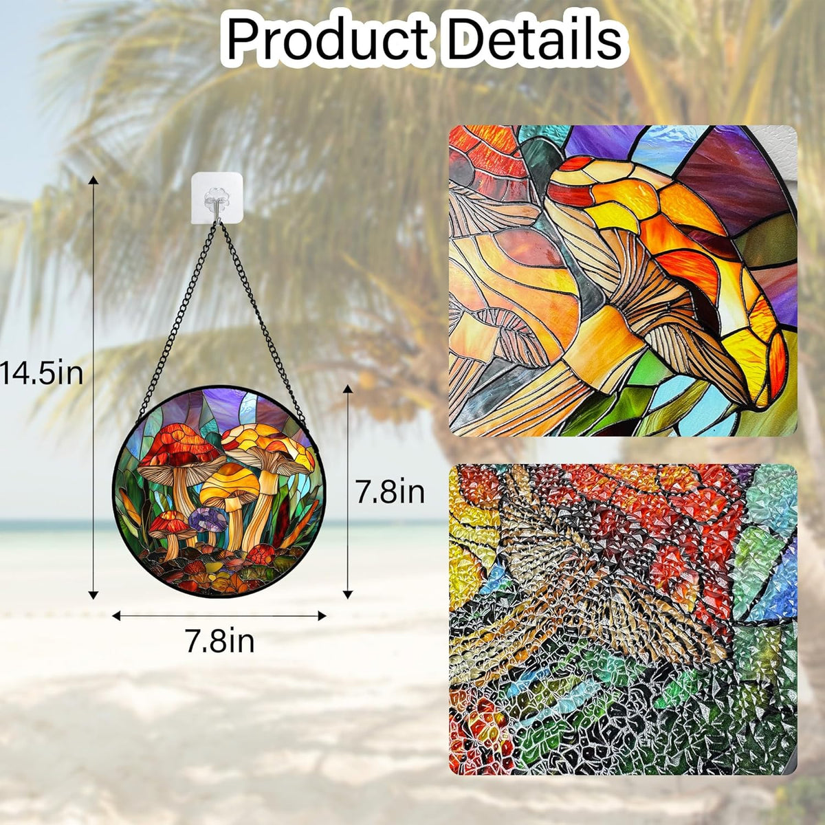 Stained Glass Window Hanging, Jungle Mushrooms Sun Catchers Diamond Glass Panel Hangings Plant