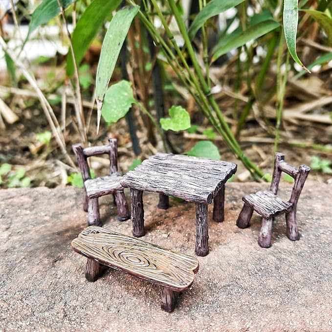 Miniature Garden Furniture Set - 14-Piece Resin Miniature Table and Chairs Set for Outdoor Decor