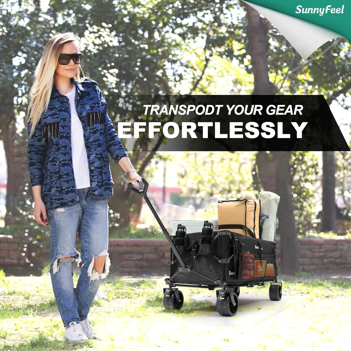 SUNNYFEEL 49''L 550lbs Heavy Duty Wagon Cart Foldable with Wheels,Extra Long Fold Up Wagons Carts
