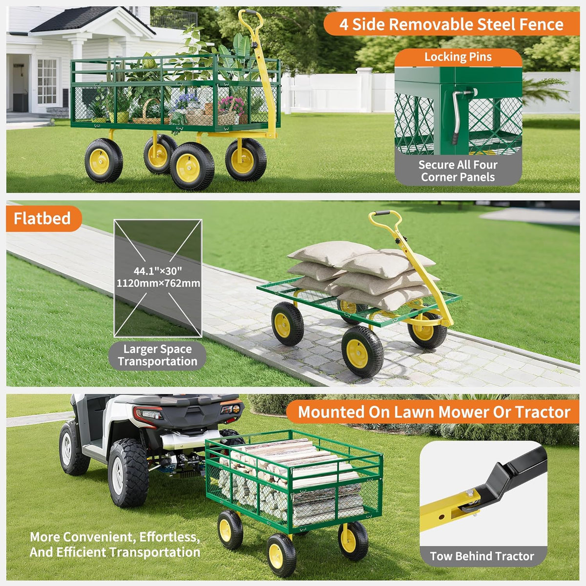 3-in-1 Heavy-Duty Steel Garden Cart, 1400 Lbs Garden Wagon, with 13 Inch All-Terrain Tires and