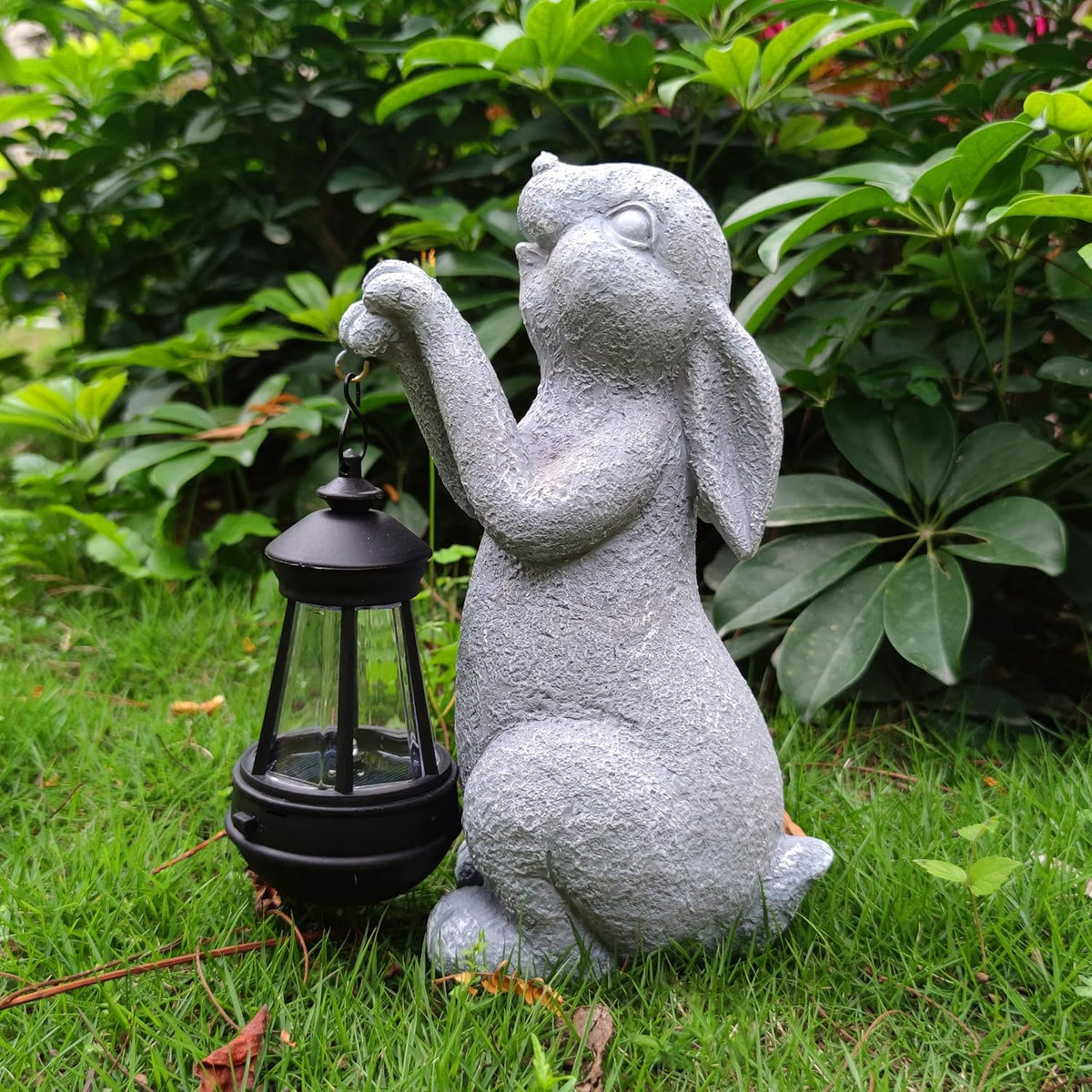 Rabbit Solar Garden Statues,Resin Rabbit Figurine Decorations with Solar Lights Lantern, Outdoor