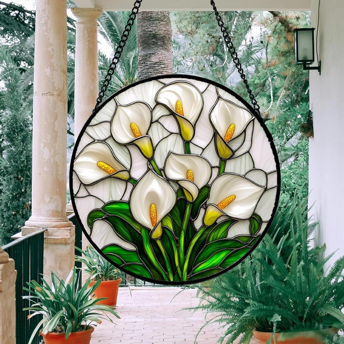 Stained Glass Window Hanging, White Calla Lily Suncatcher Diamond Glass Panel Hangings Flowers Sun