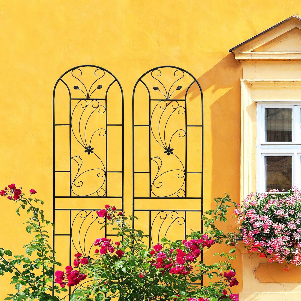 Garden Trellises, 4 Pack Black Metal Coated Rustproof Trellis for Climbing Plants Outdoor, Roses