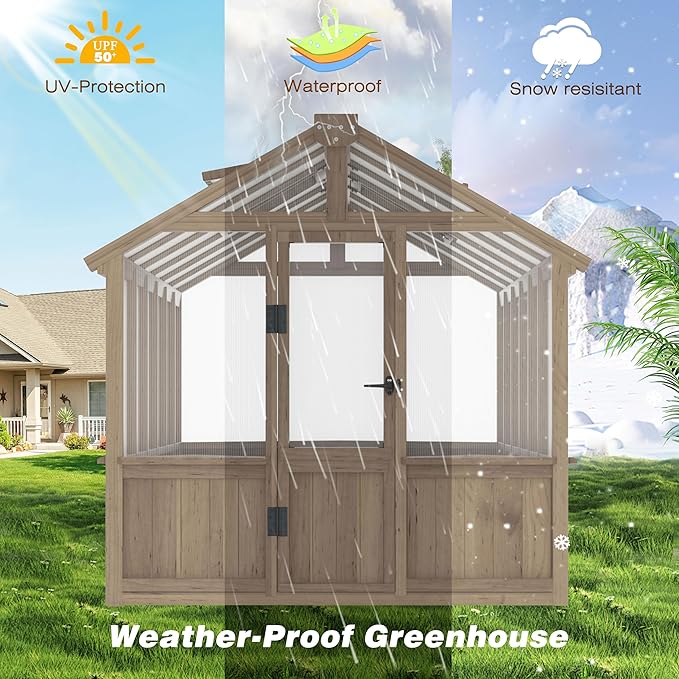 BlueWish 6x12FT Greenhouse, Wood Greenhouses with 6MM Thick Polycarbonate, Adjustable Vent, Cedar