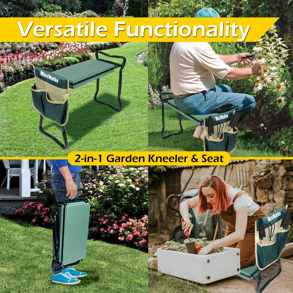 MaxWorks 50921 Folding Garden Kneeler Stool with 8 inch Wide Kneeling Pad, with 1 Tools Pouch for