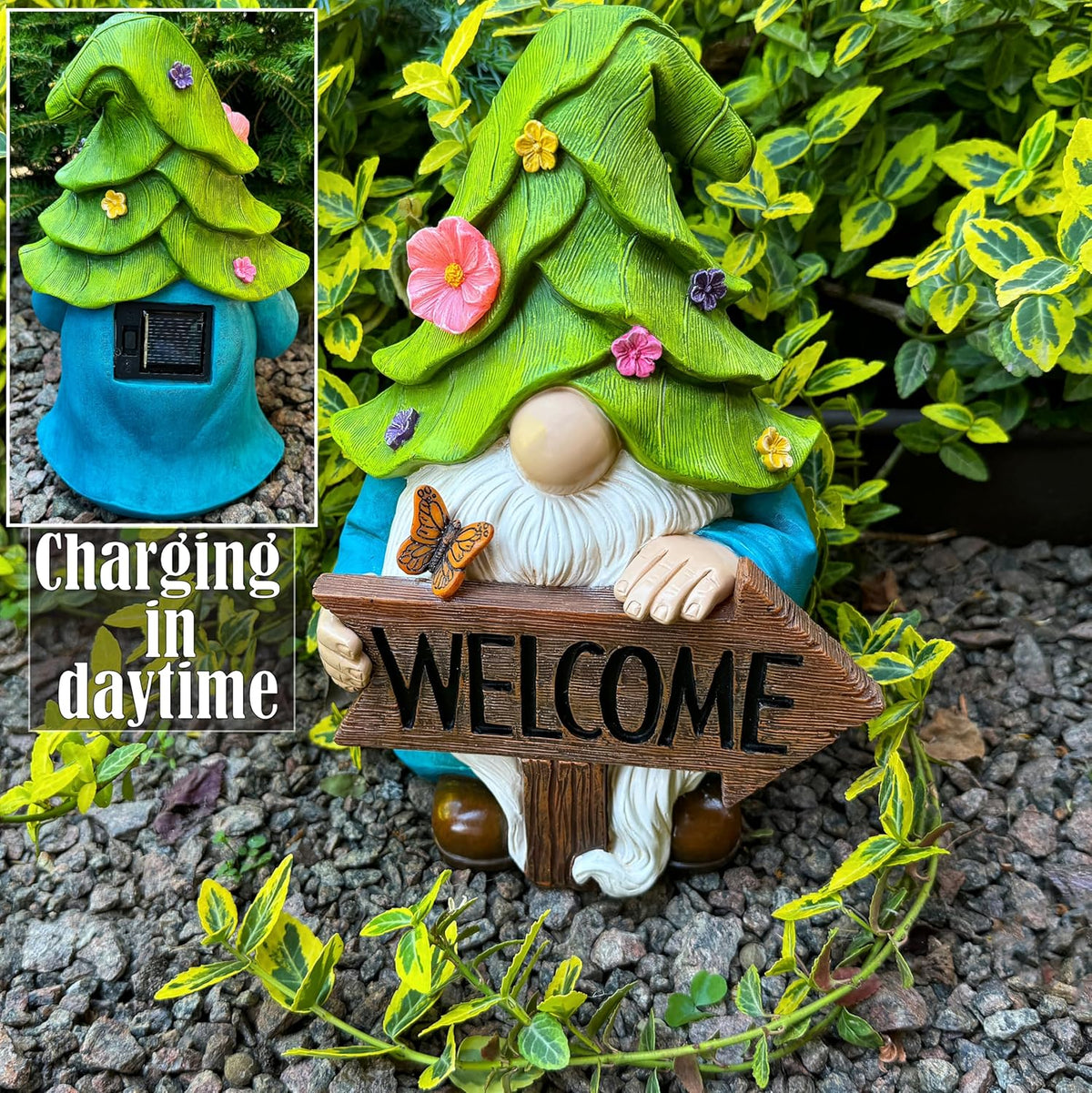 Mood Lab Garden Gnome - Solar Gnome Figurine with Welcome Sign - 9.1 Inch Decor Outdoor Lawn Statue