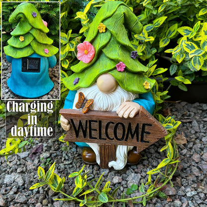 Mood Lab Garden Gnome - Solar Gnome Figurine with Welcome Sign - 9.1 Inch Decor Outdoor Lawn Statue