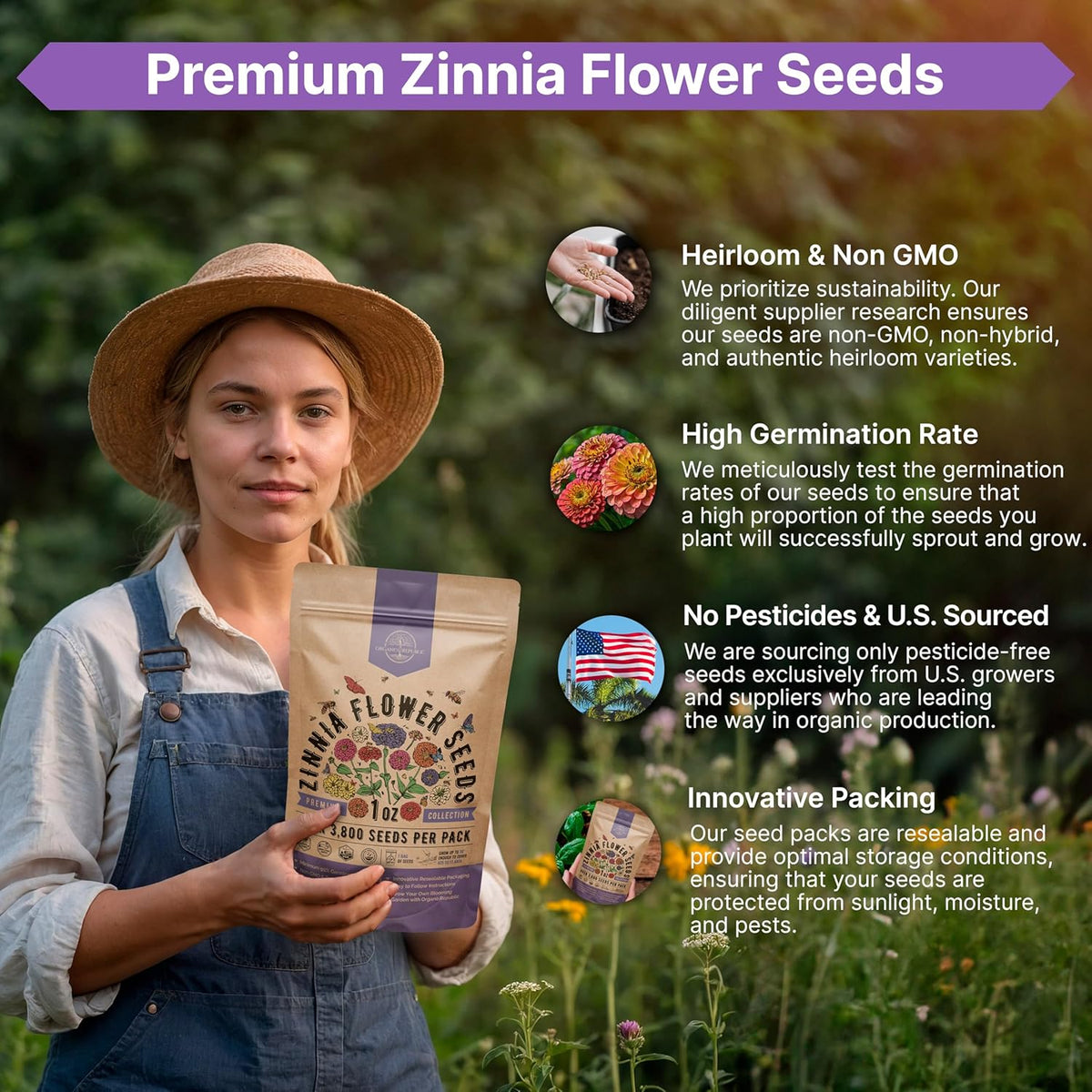 Zinnia Seeds Pack 1 oz - Over 3,800 Non-GMO Heirloom Zinnia Seeds for Planting, Annual Flowers in